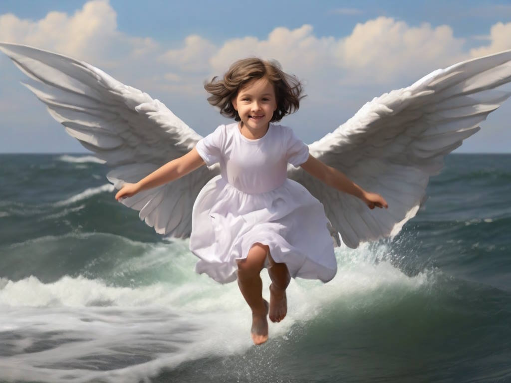 Девочка с крыльями летит над морем