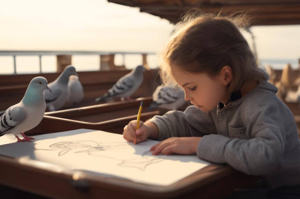 девочка рисует голубей