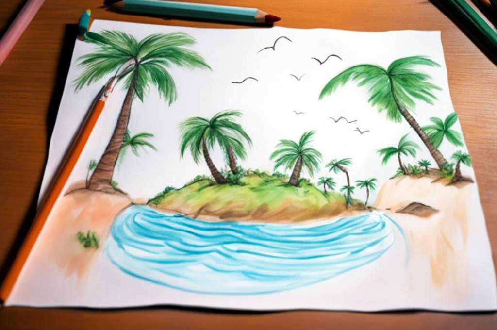 детский рисунок остров и пальмы