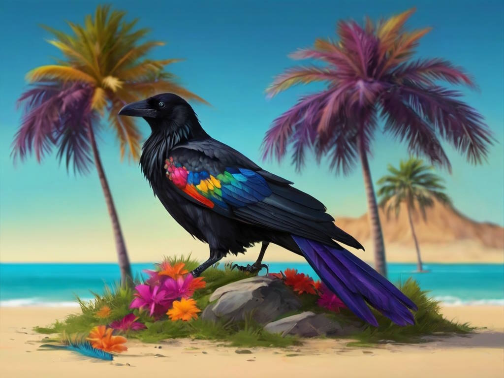 разноцветная ворона на острове