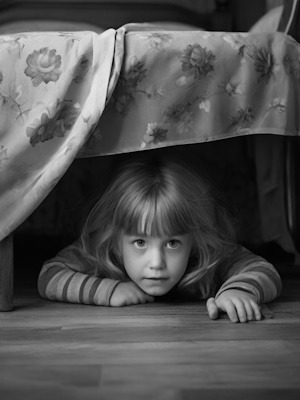 девочка прячется под кроватью